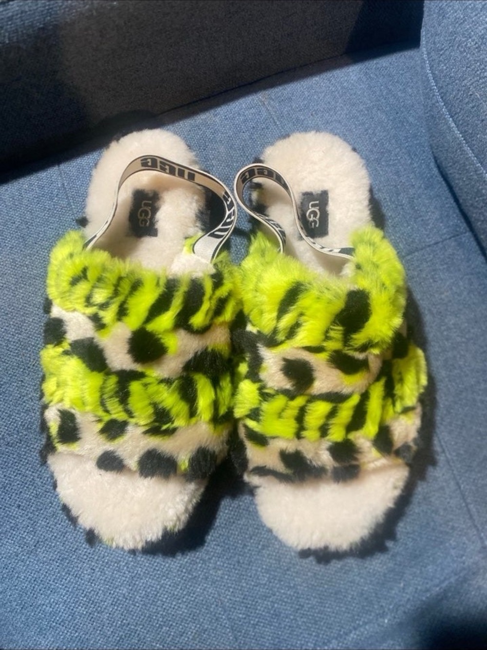 UGG Neon Green and Black Leopard Fuzzette Slide Slippers